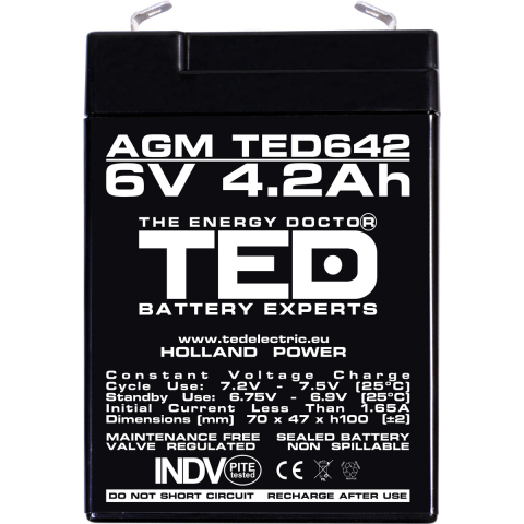 Acumulator 6V Stationar VRLA, Dimensiuni 70 x 48 x 101 mm, Baterie 6V 4.2Ah, TED Electric TED002914 [2]