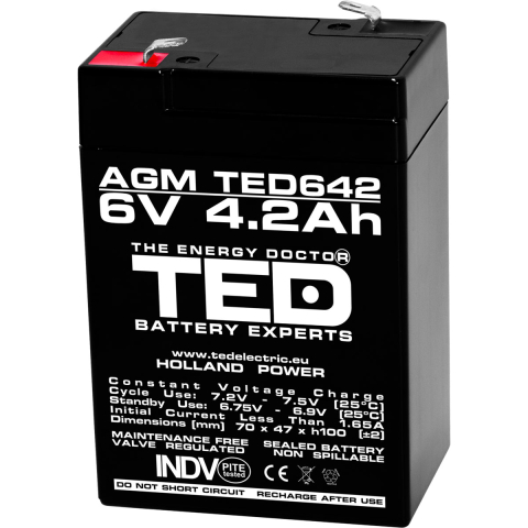 Acumulatori AGM - Acumulator 6V Stationar VRLA, Dimensiuni 70 x 48 x 101 mm, Baterie 6V 4.2Ah, TED Electric TED002914