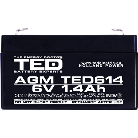 Acumulator 6V Stationar VRLA, Dimensiuni 97 x 24 x 52 mm, Baterie 6V 1.4Ah F1, TED Electric TED002839 [2]