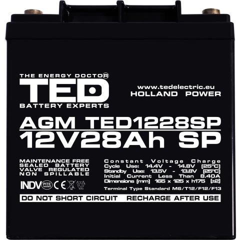 Acumulator AGM VRLA 12V 28Ah Dimensiuni Speciale 165 x 125 x 175 mm M6 [2]