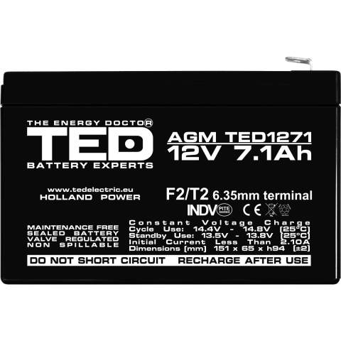Acumulator AGM VRLA 12V 7,1Ah Dimensiuni 151 x 65 x 94 mm F2 [2]