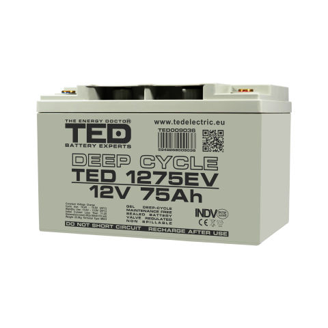 Acumulatori Gel - Acumulator AGM VRLA 12V 75A Deep Cycle Dimensiuni 262 x 165 x 170 mm Pentru Vehicule Electrice M6
