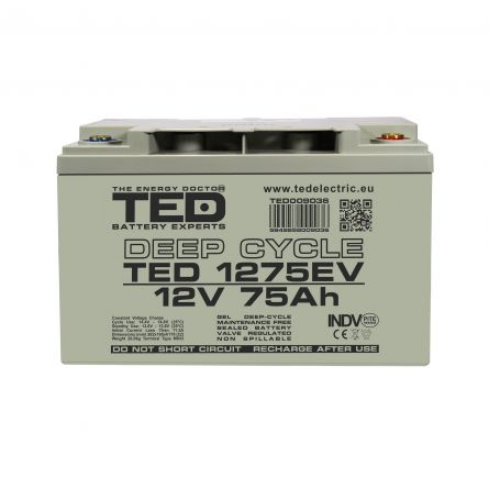 Acumulator AGM VRLA 12V 75A Deep Cycle Dimensiuni 262 x 165 x 170 mm Pentru Vehicule Electrice M6 [2]