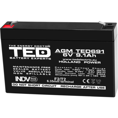 Acumulator AGM VRLA 6V 9,1Ah Dimensiuni 151 x 34 x 94 mm F2 [0]