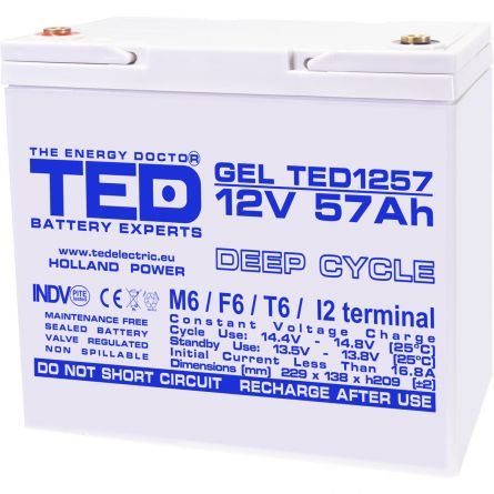 Acumulatori Gel - Acumulator gel Deep Cycle Ted Electric 12V 57Ah, terminal M6, fara mentenanta, 229 x 138 x 208 mm