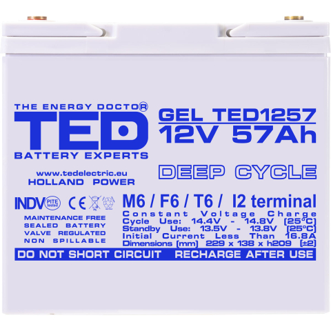 Acumulator gel Deep Cycle Ted Electric 12V 57Ah, terminal M6, fara mentenanta, 229 x 138 x 208 mm [2]
