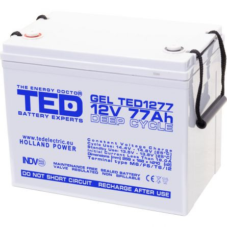 Acumulatori Gel - Acumulator gel Deep Cycle Ted Electric 12V 77Ah, terminal M6, pentru solar, UPS si echipamente industriale, 259 x 168 x 211 mm