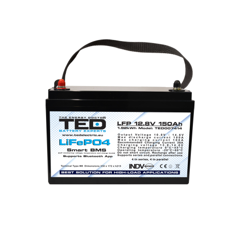 Acumulator LiFePO4 12V 150Ah cu BMS integrat si Bluetooth, Deep Cycle pentru sisteme solare, rulota si off-grid, conexiune M8 [1]
