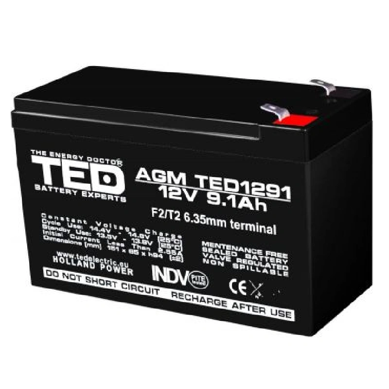 Acumulatori AGM - Acumulator Stationar 12V 9.1Ah F2 Agm Vrla, Dimensiuni 151 X 65 X 95 mm, Ted Electric Ted003263
