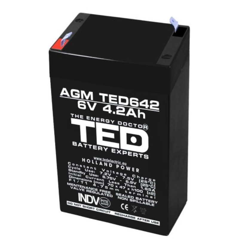 Acumulatori AGM - Acumulator Stationar 6V 4.2Ah Agm Vrla, Dimensiuni 70 X 48 X 101 Mm, Ted Electric Ted002914