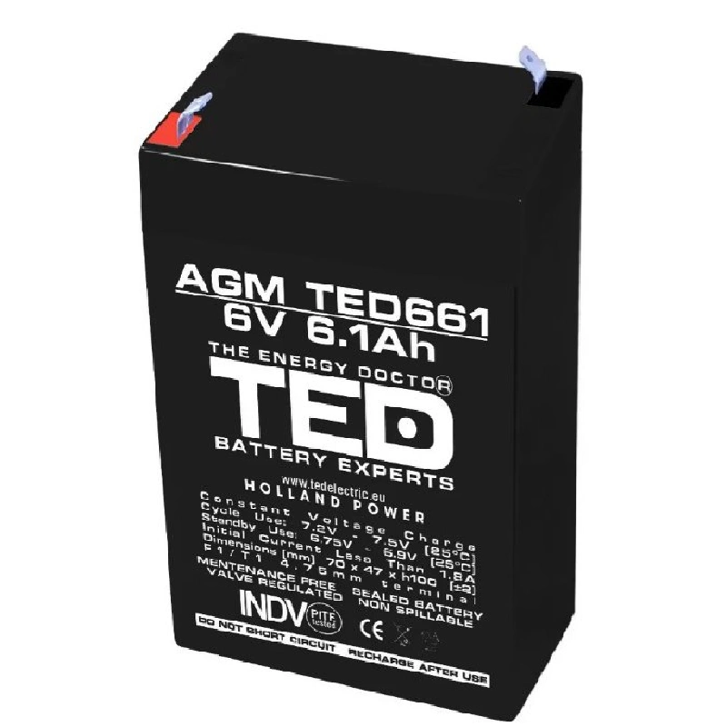 Acumulatori AGM - Acumulator Stationar 6V 6.1Ah Agm Vrla, Dimensiuni 70 X 48 X 101 Mm, Ted Electric Ted002938