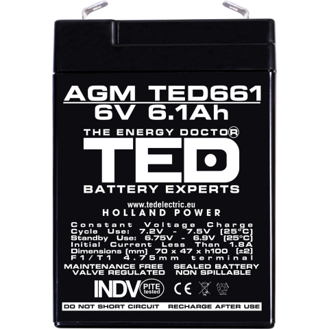 Acumulator Stationar 6V 6.1Ah Agm Vrla, Dimensiuni 70 X 48 X 101 Mm, Ted Electric Ted002938 [2]