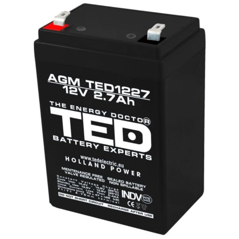 Acumulatori AGM - Acumulator Stationar Agm Vrla 12V 2,7A, Dimensiuni 70 X 47 X 98 Mm, Ted Electric Ted003119