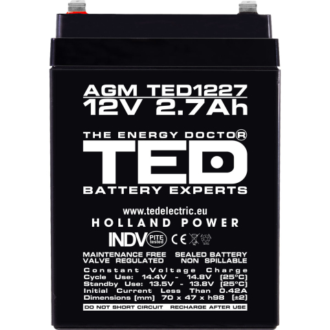Acumulator Stationar Agm Vrla 12V 2,7A, Dimensiuni 70 X 47 X 98 Mm, Ted Electric Ted003119 [2]