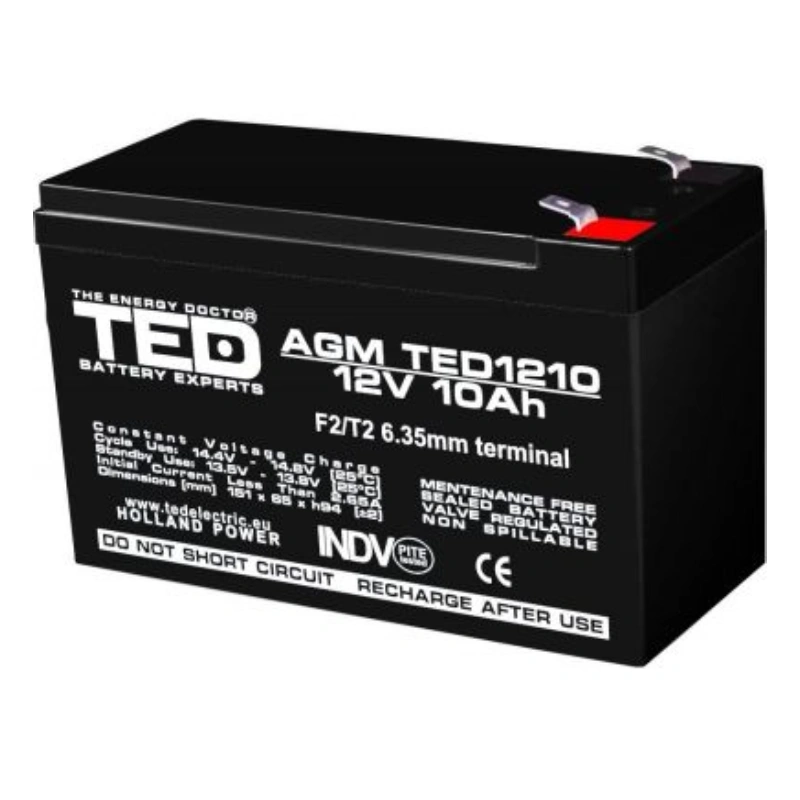 Acumulatori AGM - Acumulator Stationar Vrla Agm 12V 10Ah F2, Dimensiuni 151 X 65 X 95 Mm, Ted Electric Ted002730