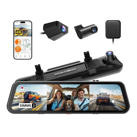 Camere Auto - Camera auto tip oglinda WOLFBOX G900TriPro Cabin, 3 camere, 4K + 2.5K + Full HD, Wi-Fi si GPS, ecran tactil de 12″
