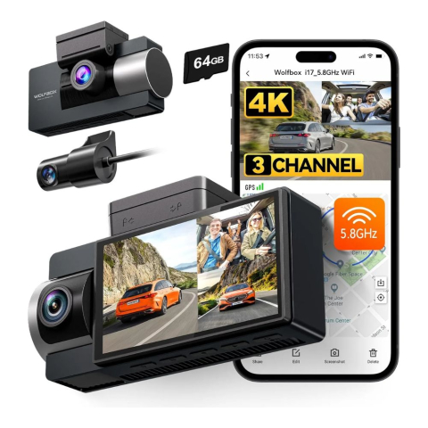 Camere Auto - Camera auto WOLFBOX i17, 3 canale, 4K + 2x Full HD 1080p, Wi-Fi, GPS, vedere nocturna IR, ecran de 3″, card de memorie 64 GB