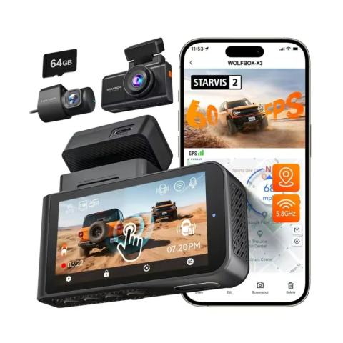 Camere Auto - Camera auto WOLFBOX X3, 2 canale, 2.5K 60 fps + Full HD 1080p, Wi-Fi si GPS, ecran tactil de 3″, card de memorie 64 GB