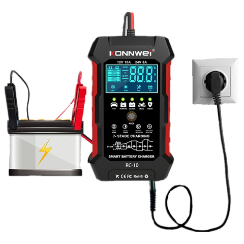 Incarcator inteligent pentru baterii auto Konnwei RC-10, 12V/24V, 5A/10A, Afisaj LCD, Functie Puls Reparare al Bateriei, Compatibil Baterie Li Ion Lifepo4, baterii cu gel, plumb acid, Rosu/Negru [6]