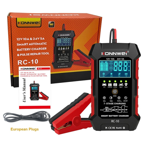 Incarcator inteligent pentru baterii auto Konnwei RC-10, 12V/24V, 5A/10A, Afisaj LCD, Functie Puls Reparare al Bateriei, Compatibil Baterie Li Ion Lifepo4, baterii cu gel, plumb acid, Rosu/Negru [7]