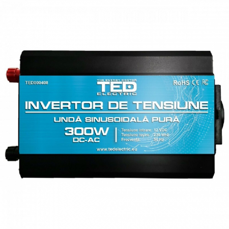 Invertor sinus pur 300W 12V 230V, varf 600W, pentru auto, panouri solare, rulota si camping [0]