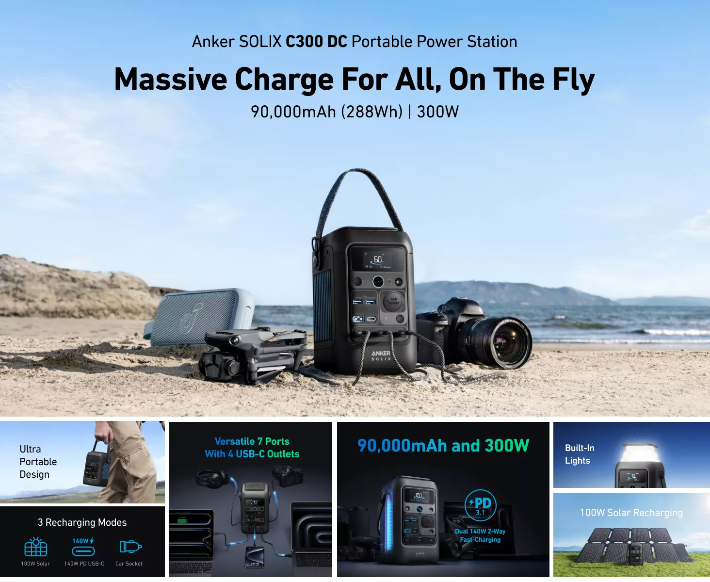 Kit generator solar portabil Anker Solix C300X DC cu Panou solar Anker Solix 60W portabil [1]