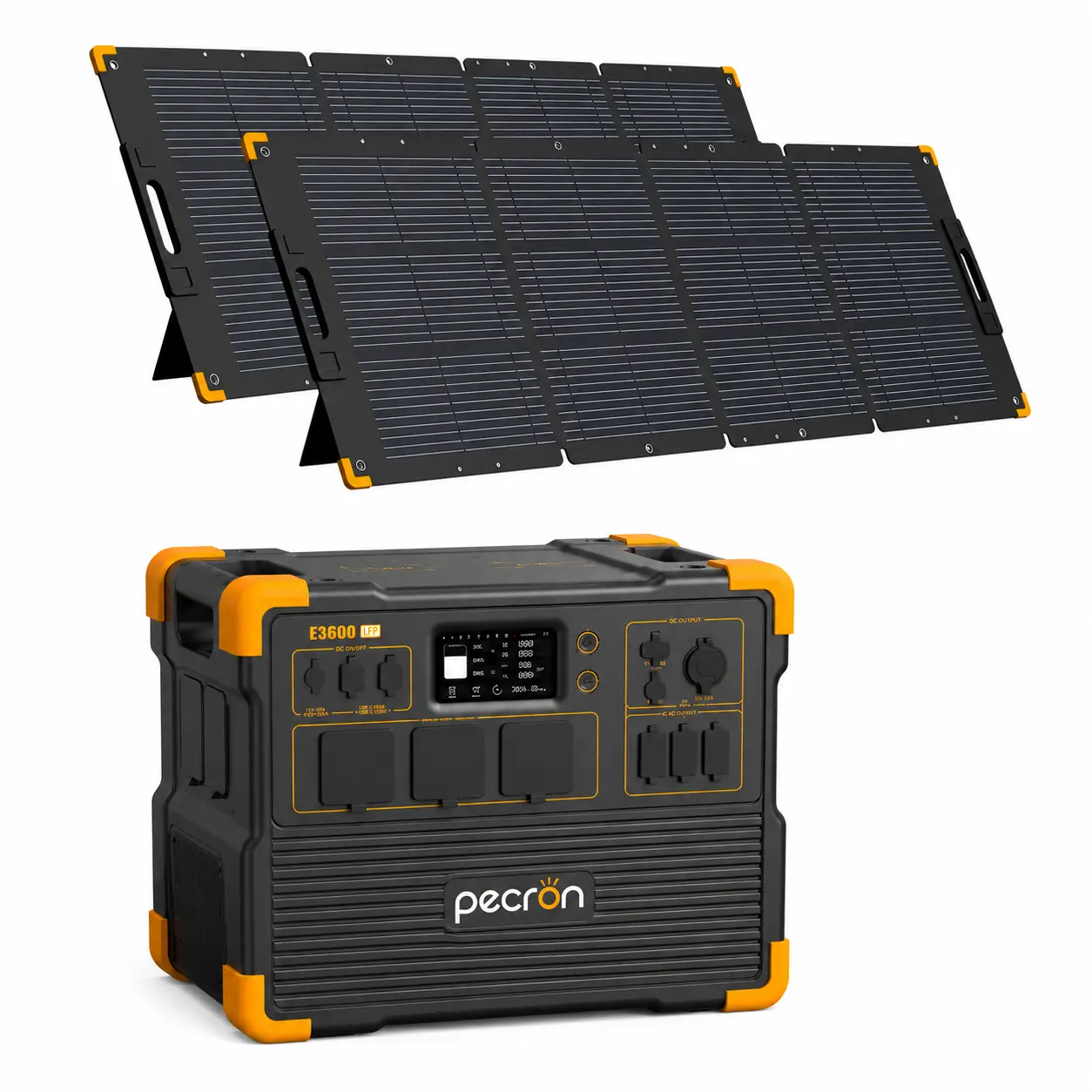 Toate generatoarele solare - Kit generator solar portabil PECRON E3600LFP, 3072Wh 3600W, 230V, afisaj digital, incarcare super rapida 1.5h, baterie LiFePO4, MPPT dual, 14 iesiri + 2 panouri 200W