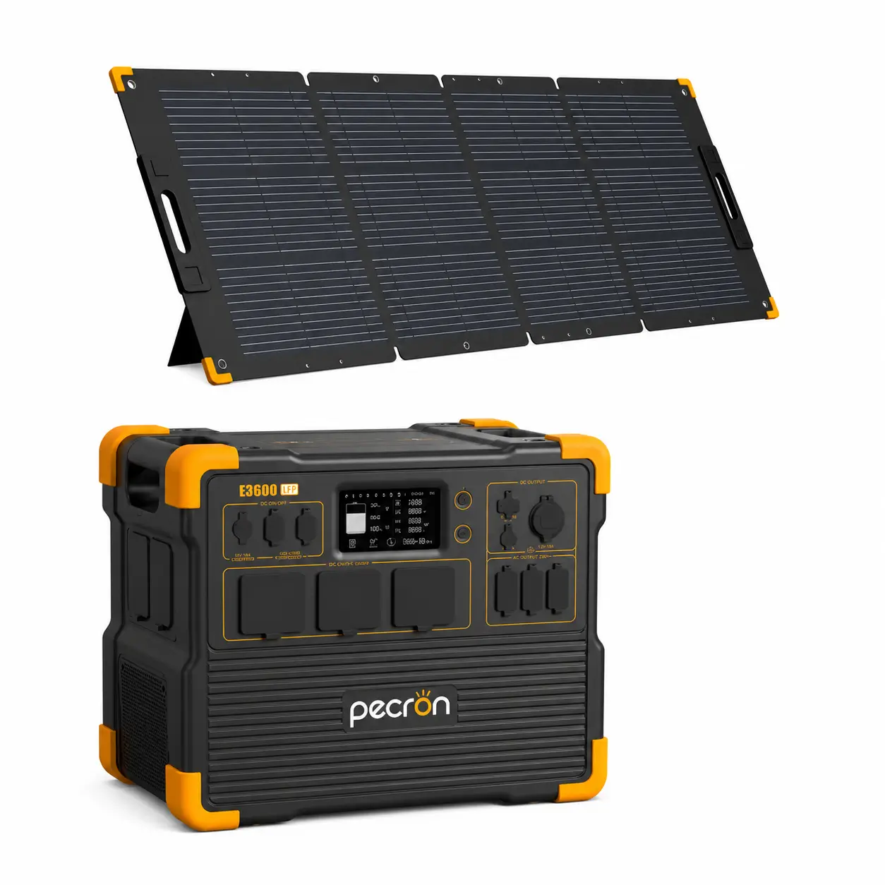 Toate generatoarele solare - Kit generator solar portabil PECRON E3600LFP, 3072Wh 3600W, 230V, afisaj digital, incarcare super rapida 1.5h, baterie LiFePO4, MPPT dual, 14 iesiri + panou 200W