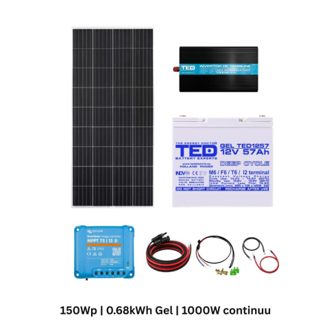Kituri solare off-grid - Kit solar off-grid 150W cu MPPT SmartSolar 75/15, baterie GEL 12V 57Ah si invertor 1000W sinus pur