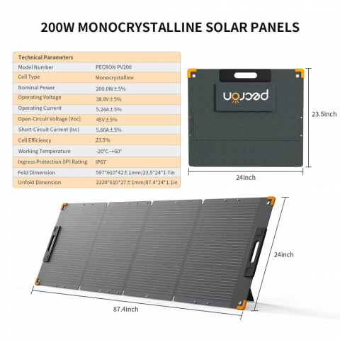 Panou solar portabil PECRON PV200, 200W, Monocristalin, Rezistent IP67, Pliabil, Greutate 8kg, Cabluri 2-in-1 pentru incarcare rapida [1]
