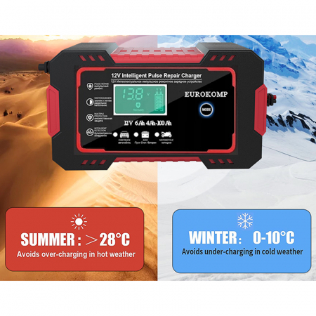 Redresor automat cu microprocesor Eurokomp E6165, 12V 6A, 100W, pentru auto/moto, mod vara/iarna, functie regenerare, LCD, 150 x 85 x 62 mm [5]