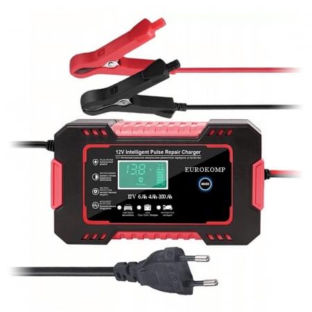 Acumulatori - Redresor automat cu microprocesor Eurokomp E6165, 12V 6A, 100W, pentru auto/moto, mod vara/iarna, functie regenerare, LCD, 150 x 85 x 62 mm