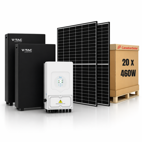 Kituri Solare - Sistem Fotovoltaic 10kW cu Invertor Hibrid Deye, 9.2kWp Panouri Canadian Solar 460W si Baterie V-TAC 32.14kWh
