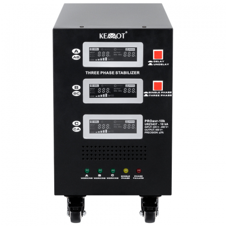 Stabilizator de Tensiune cu Servomotor Trifazat 10.000VA, Cu Siguranțe și Roti, 225–450V AC, Afișaj LED, Kemot PROAVR-10K [2]
