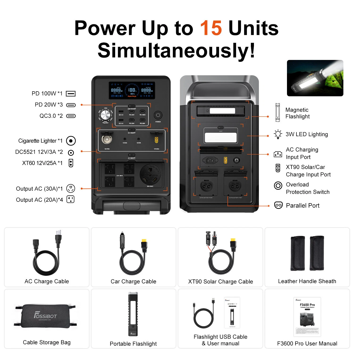 Kit generator solar portabil Fossibot F3600 Pro Negru, 3300W, 3840Wh cu panou 3 x 420W [15]