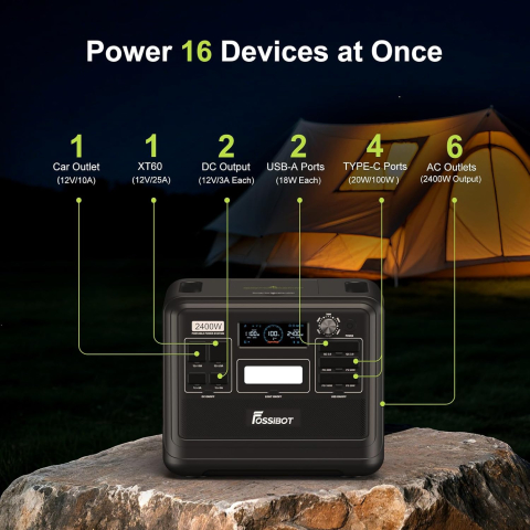 Statie de incarcare portabila Fossibot F2400 Negru, 2400W, 2048Wh, 640000mAh, Ecran LCD, Protectie BMS, 16 iesiri, Lanterna LED, SOS [10]
