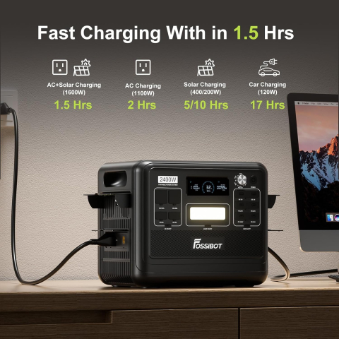 Statie de incarcare portabila Fossibot F2400 Negru, 2400W, 2048Wh, 640000mAh, Ecran LCD, Protectie BMS, 16 iesiri, Lanterna LED, SOS [9]