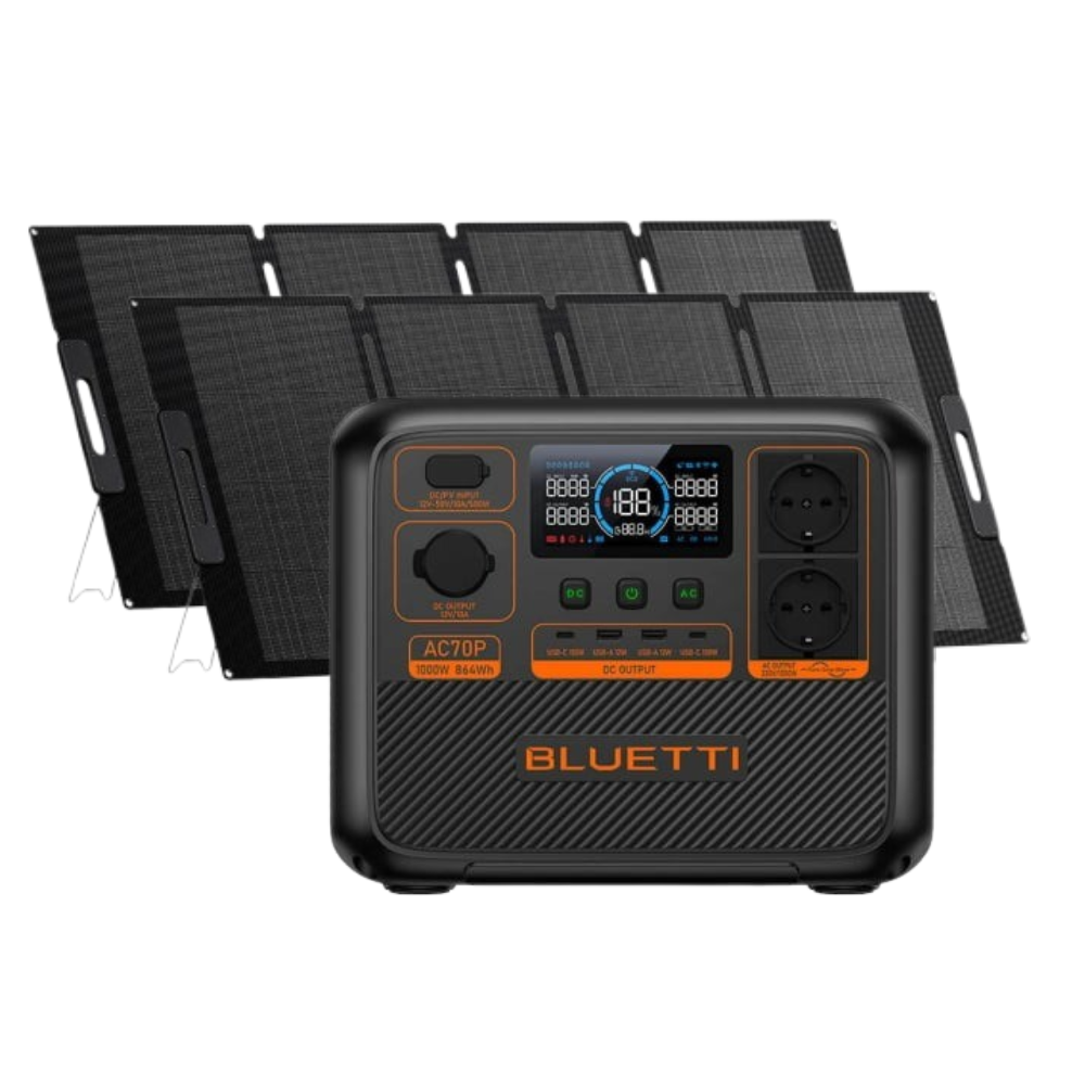 Kit Generator Solar Portabil Bluetti AC70P 1000W 864Wh LifePO4 cu 2 x panou 200W