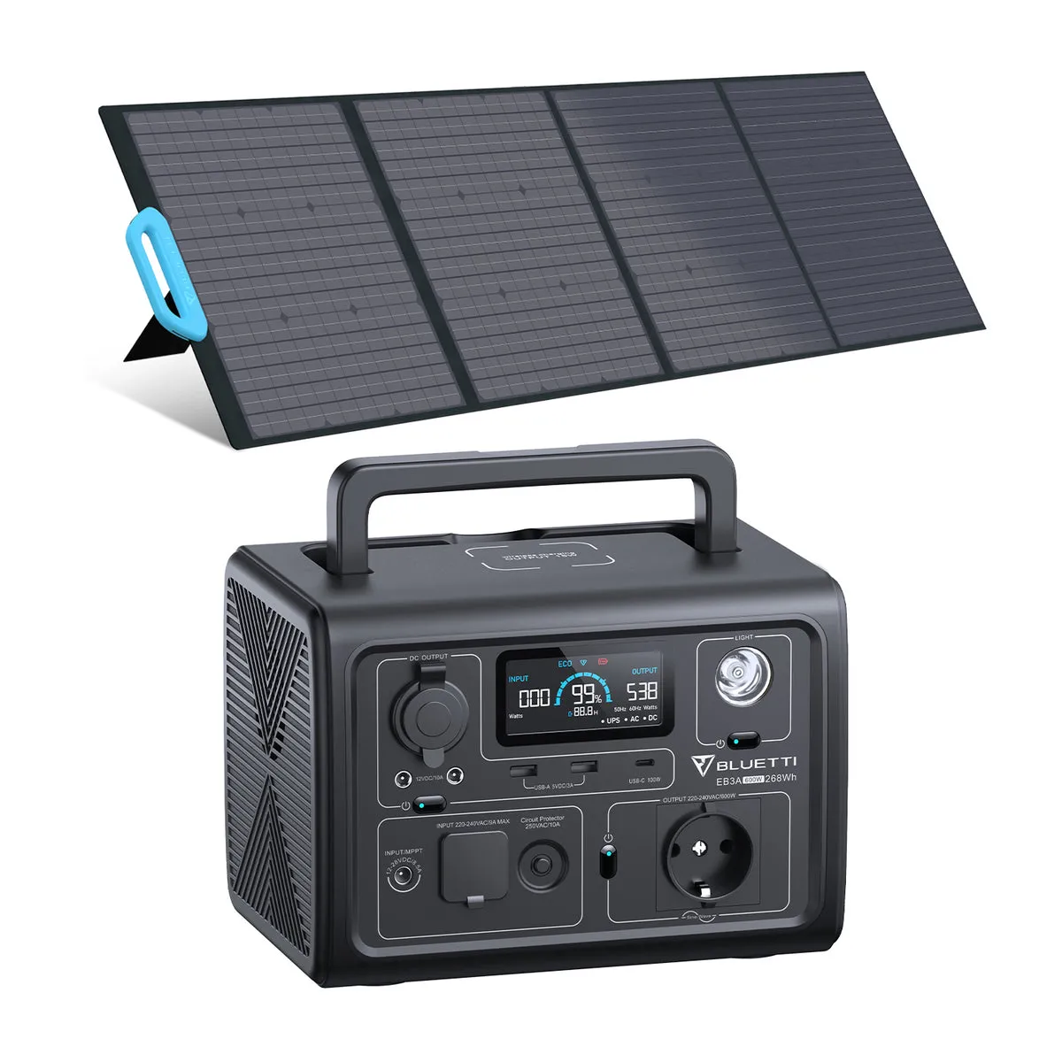 Kit Generator Solar Portabil Bluetti Poweroak 600W 268Wh Eb3A + Panou 200W