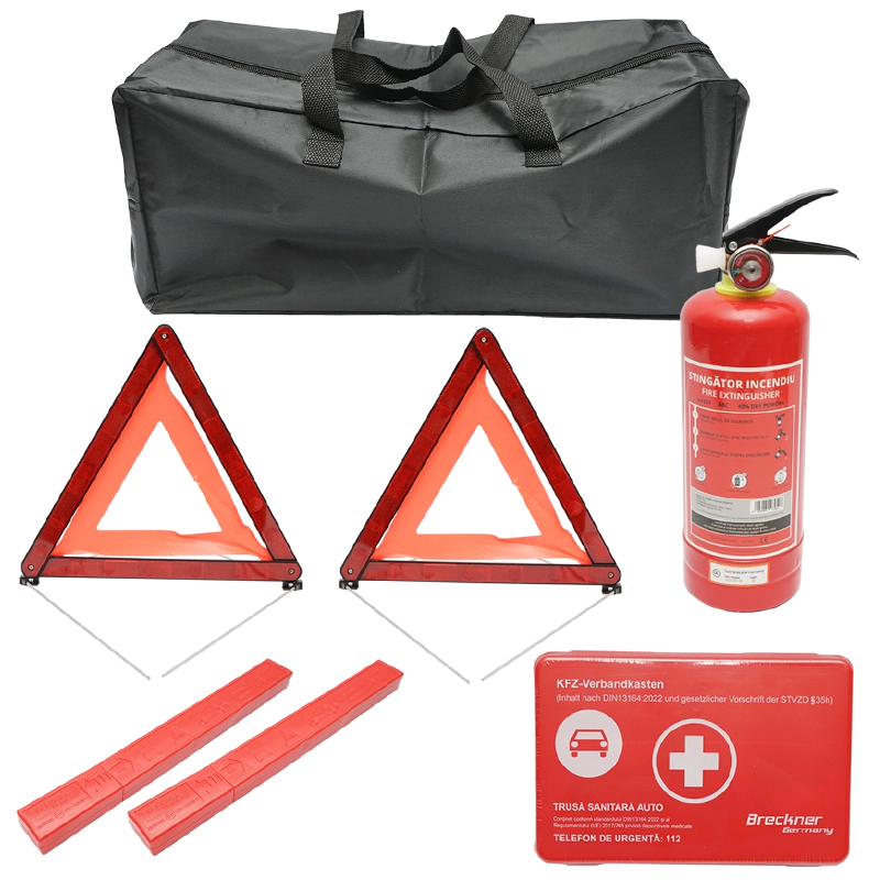 Kit siguranta auto, pachet legislativ obligatoriu de prim ajutor, trusa medicala, stingator, 2 triunghiuri