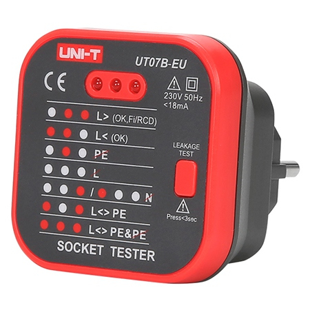Tester Priza 230V AC Uni-T UT07B, Verificare RCD 30mA, Impamantare, IP40, CAT II 300V