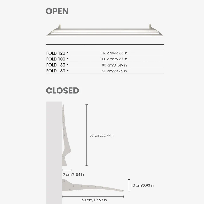 Uscator de rufe Foxydry Fold 120, Montabil pe perete, 120x10x50 cm, Aluminiu/Otel, Argintiu [10]
