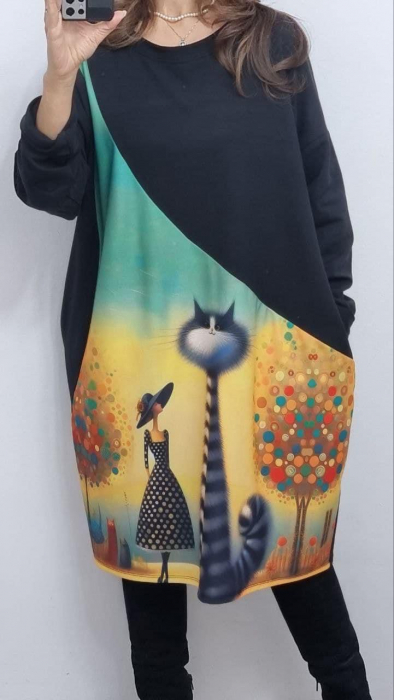 Rochie midi cu mânecă lungă, buzunar și imprimeu CAT [1]