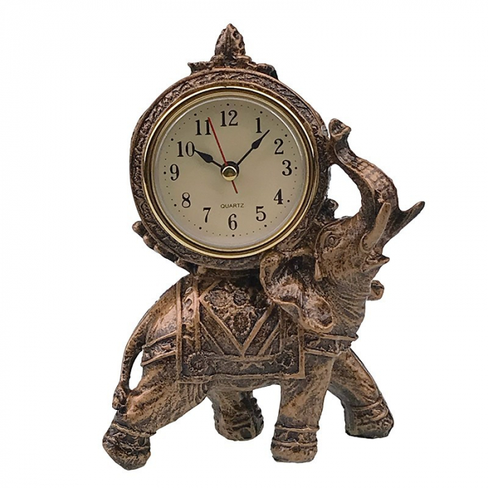 *Decoratiune Elefant cu Ceas, Rasina si Plastic, 11x17cm, Bronz Metalizat [1]