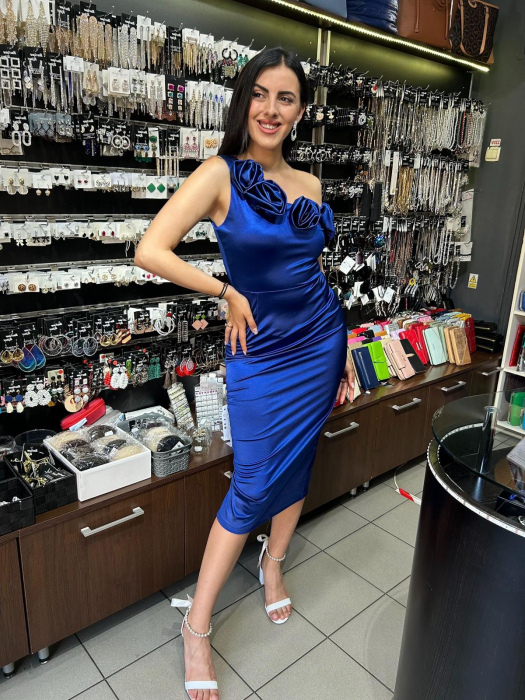 Rochie eleganta cu flori la decolteu, Albastra [2]