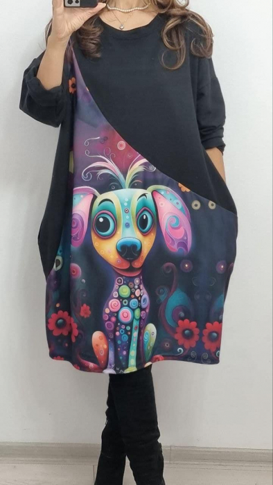 Rochie midi cu mânecă lungă, buzunar și imprimeu Dog [1]