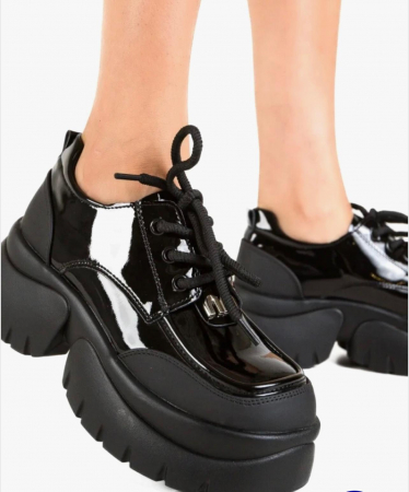 Fashion - Pantofi chunky negri lacuiți