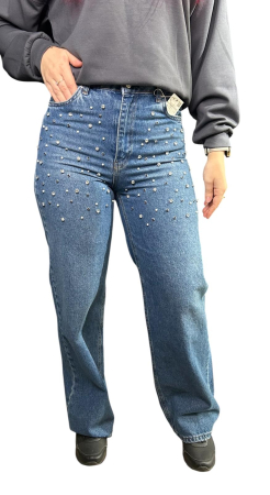 Blugi Dama, Croiala Mom-Fit, Decorati Cu Diamante, Albastru [2]