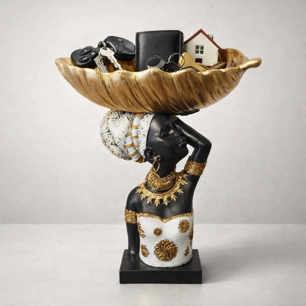 Cadouri pentru EA - Statueta decorativa femeie africana cu bol auriu
