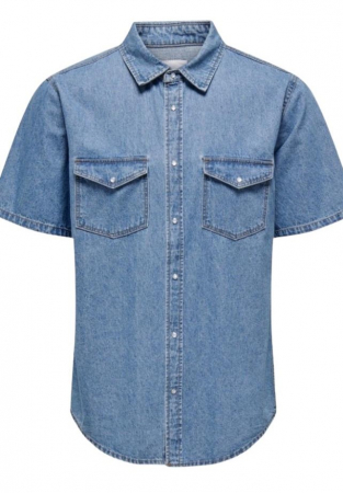 Fashion - Camasa de denim cu buzunar pe piept, Albastru